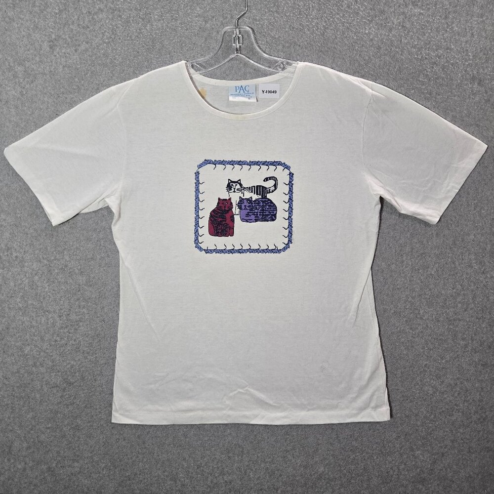 VINTAGE Staring Cats Men Shirt Medium White Single Stitches Graphic 90s READ‎